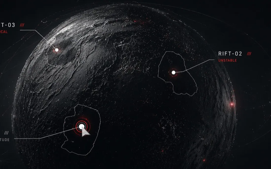Astral Sever rift map — orbital view of the rift-scarred surface